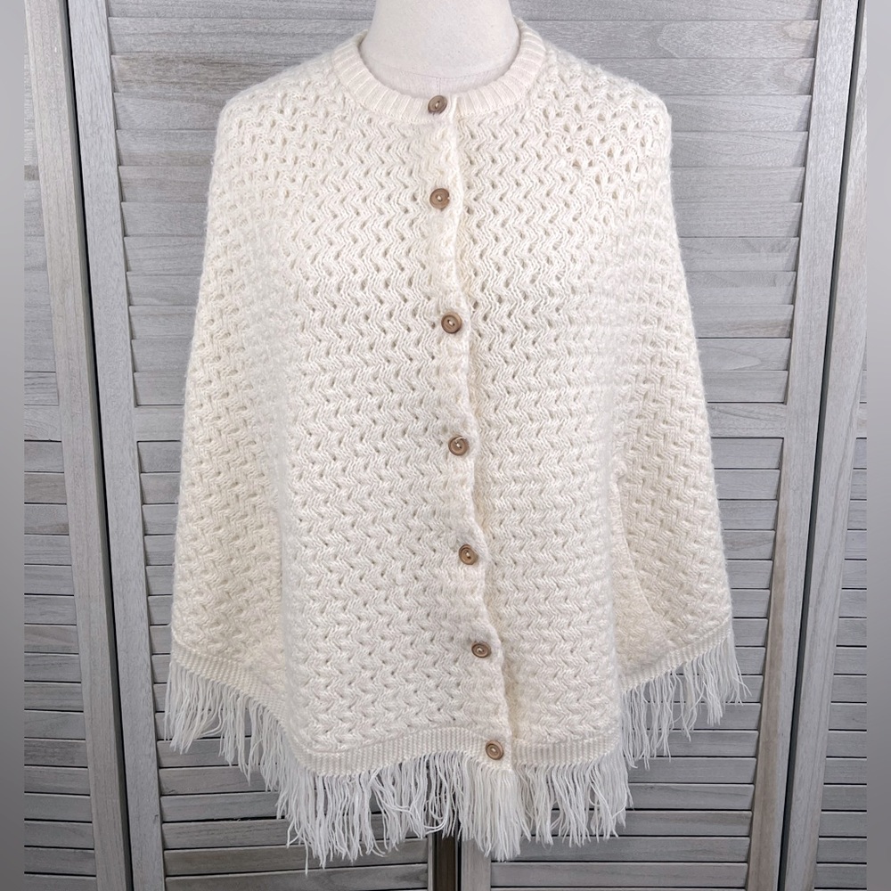 Vintage Hand Knit Fringe Trim Poncho Cream-Medium